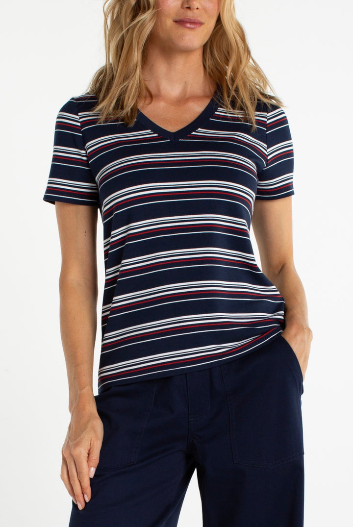 Liverpool Short Sleeve Crew Neck Classic Knit Tee - Dark Navy White Fire Brick Stripe