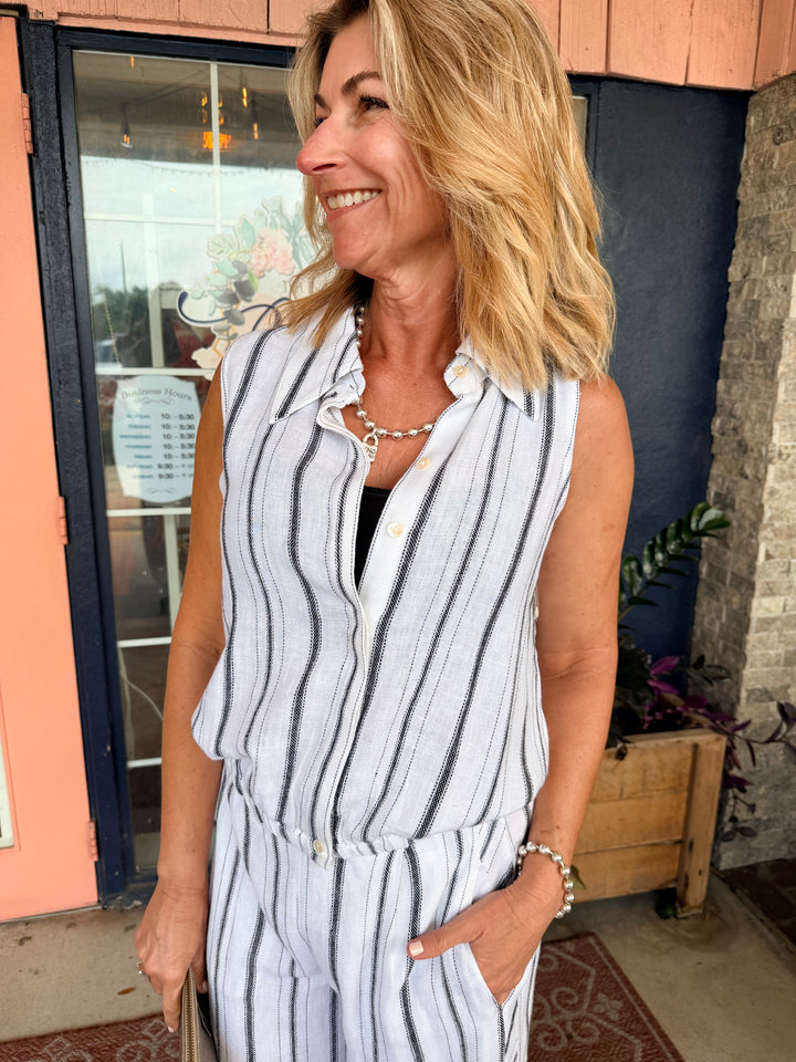 Tribal Soft Linen Button‑Front Elastic Hem Collared Top White/Black
