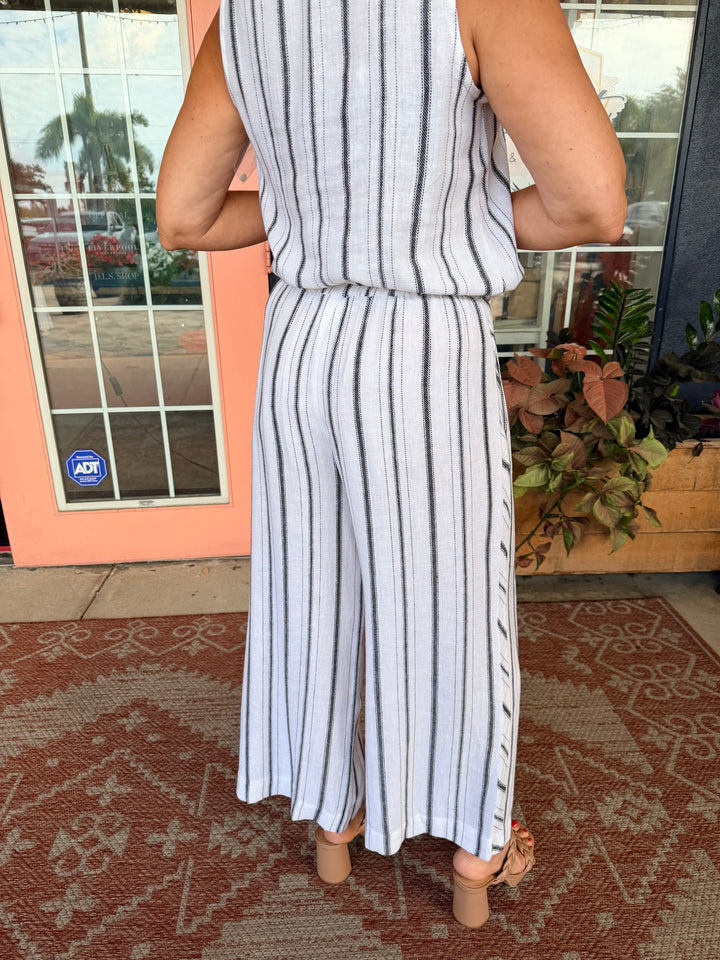 Tribal Soft Linen Flowy Wide Leg Crop Pants White/Black