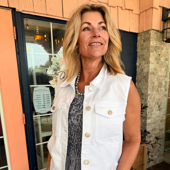 Tribal Comfort Stretch Sleeveless Denim Jacket With Patch Pockets White
