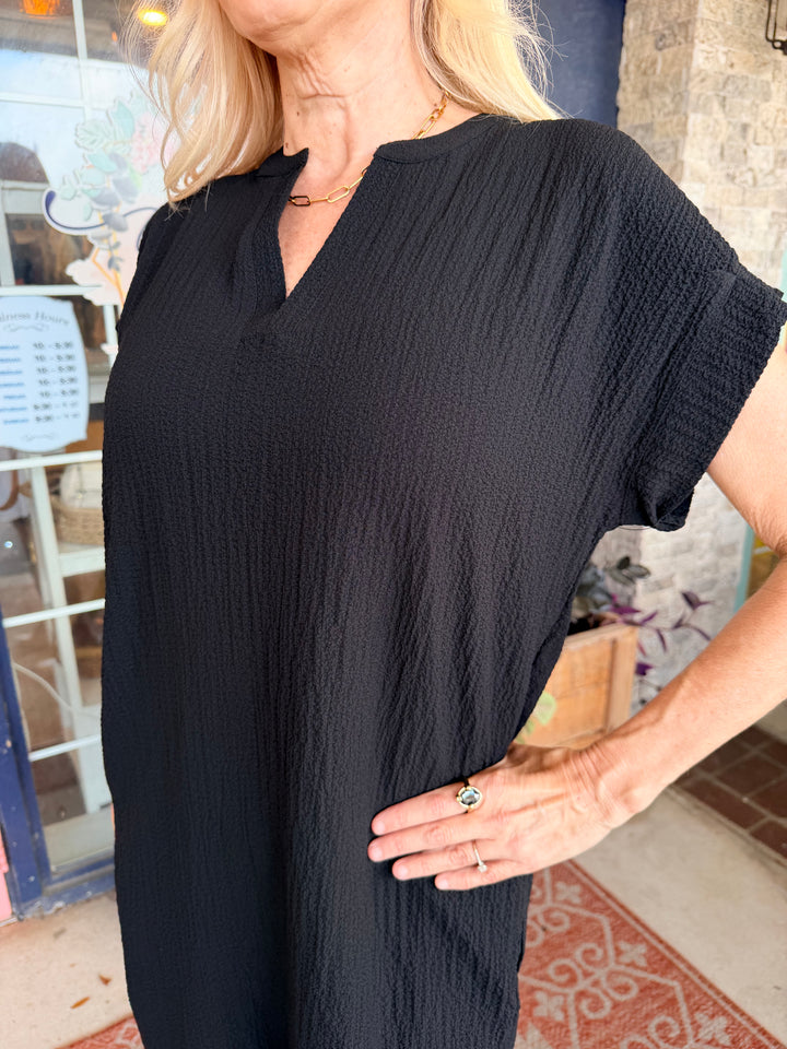 Tribal Textured Short Sleeve Tunic Shift Dress Black