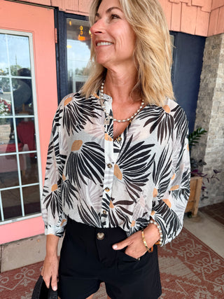 Tribal Flowy Dolman Sleeve Blouse With Self-Covering Buttons White/Black