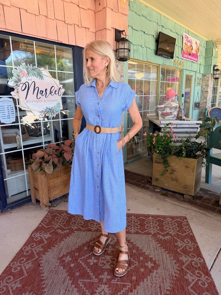 Charlie B Striped Linen Blend Maxi Dress With Belt - Bluebell