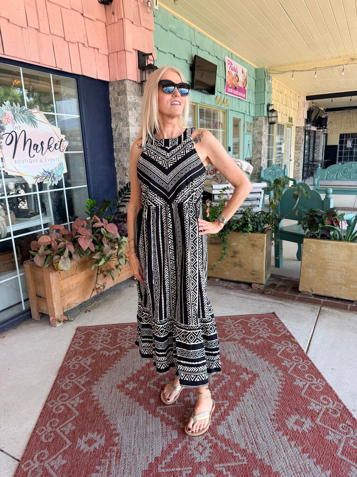 Tribal Linen Halter Neck Tiered Maxi Dress Black/White