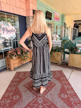 Tribal Linen Halter Neck Tiered Maxi Dress Black/White