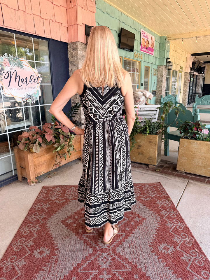 Tribal Linen Halter Neck Tiered Maxi Dress Black/White