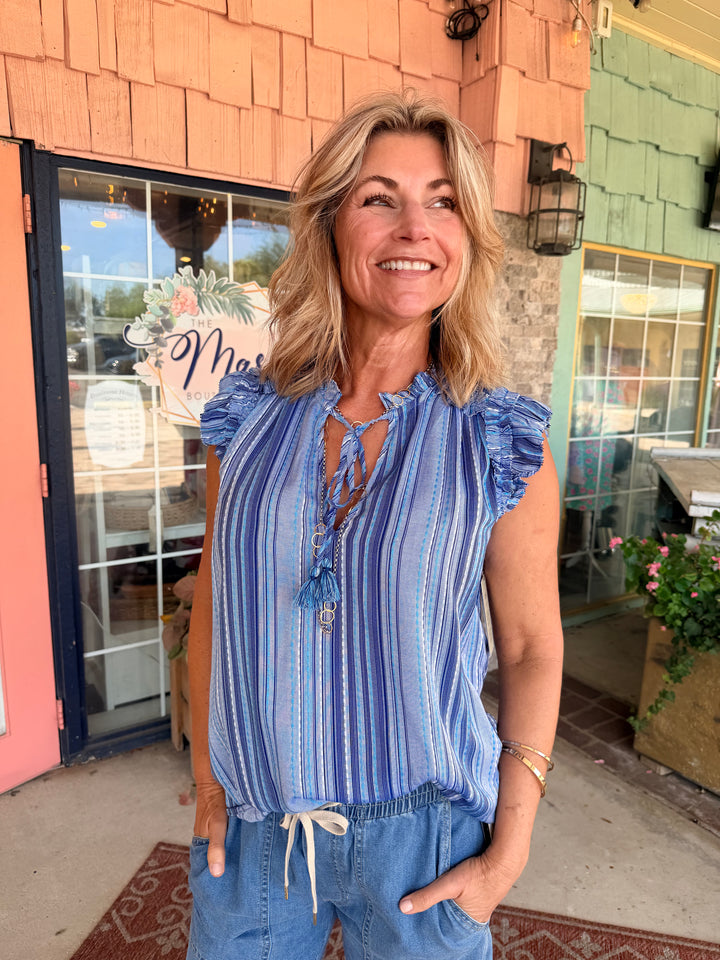 Liverpool Flutter Sleeve Woven Top With Ties Chambray Teal Multi