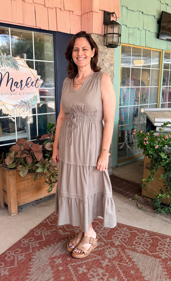 Charlie B V-Neck Tiered Linen Maxi Dress - Sage
