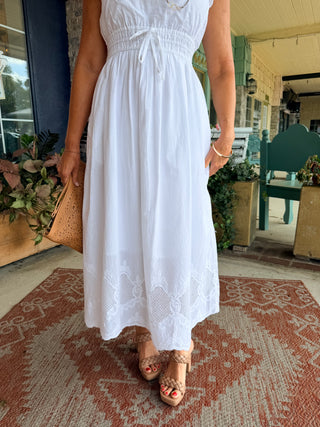 Charlie B V-Neck Elastic Waist Dress & Ruffle Cap Sleeve White