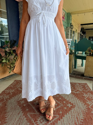 Charlie B V-Neck Elastic Waist Dress & Ruffle Cap Sleeve White