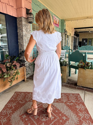 Charlie B V-Neck Elastic Waist Dress & Ruffle Cap Sleeve White