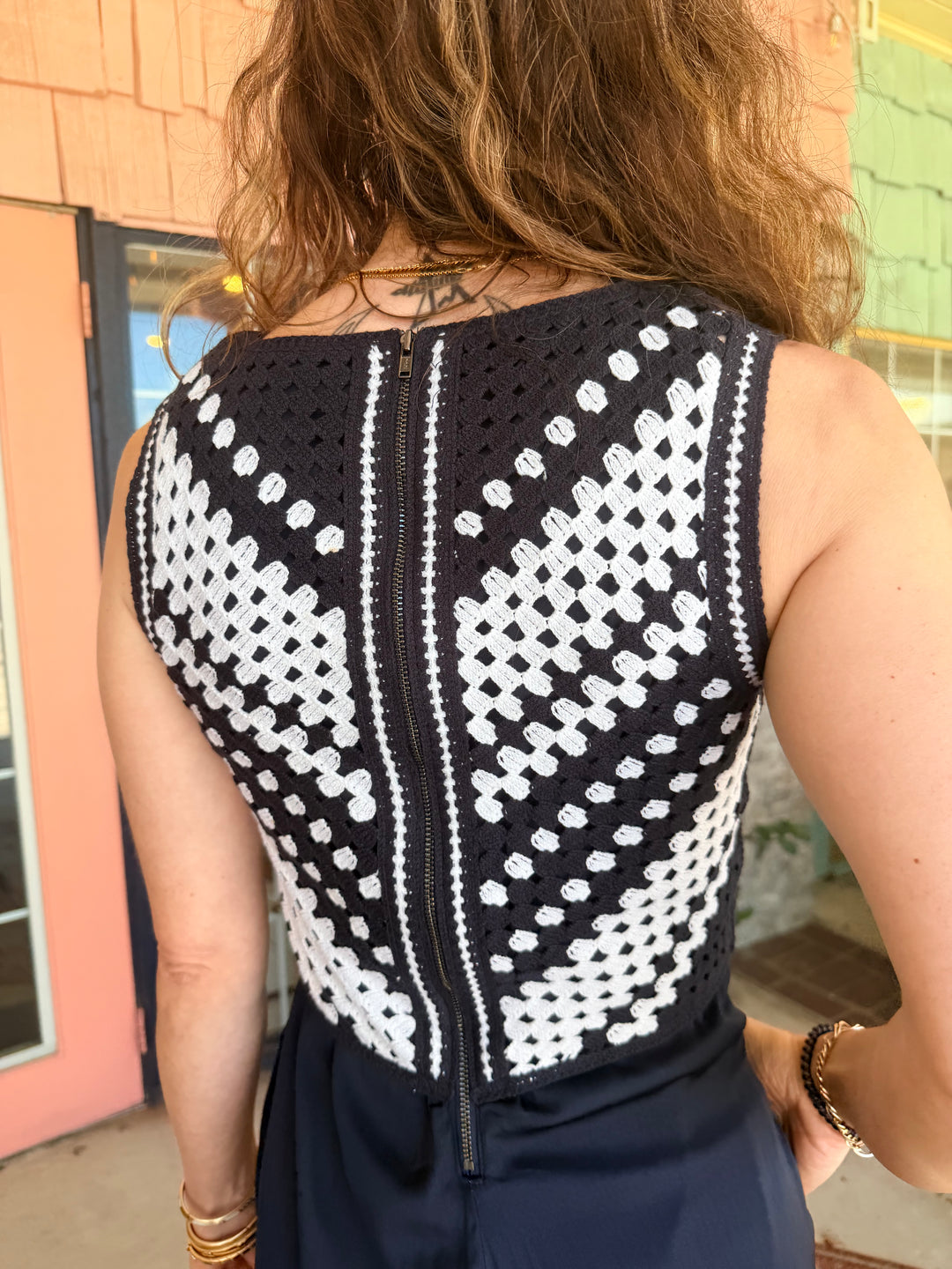 Liverpool Sleeveless V-neck Crochet Woven Dress Navy White