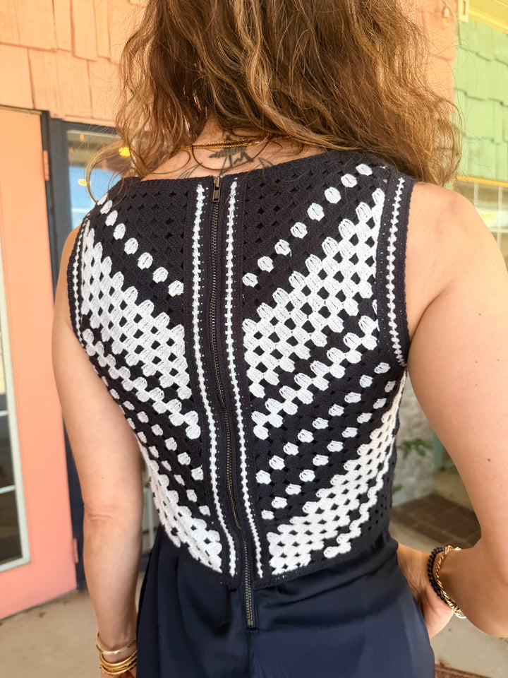 Liverpool Sleeveless V-neck Crochet Woven Dress Navy White