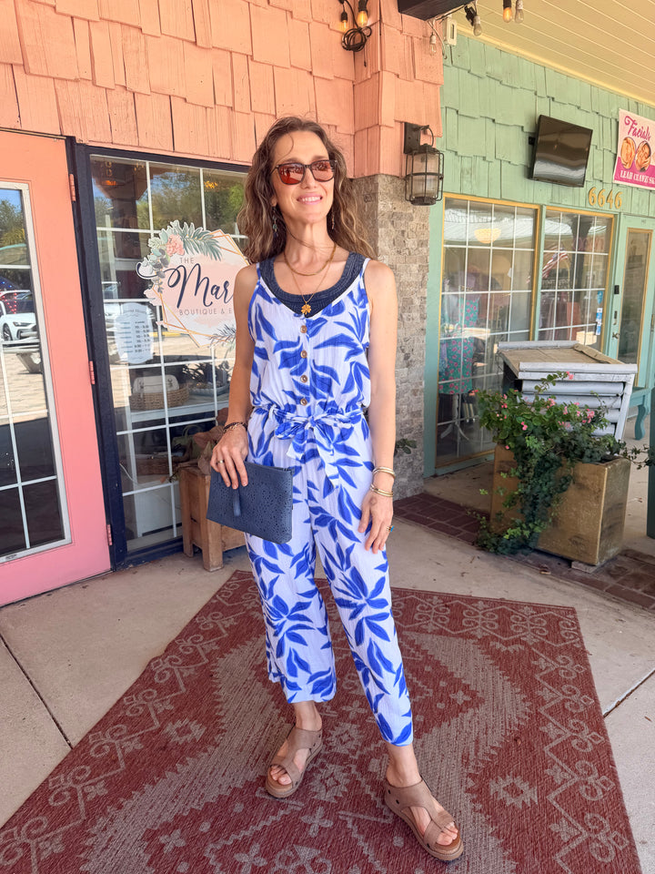 Tribal Button-Front Printed Gauze Jumpsuit With Sash Baja Blue