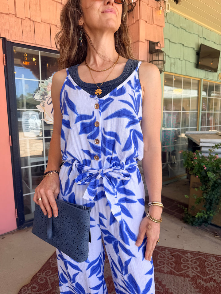 Tribal Button-Front Printed Gauze Jumpsuit With Sash Baja Blue