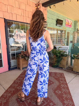 Tribal Button-Front Printed Gauze Jumpsuit With Sash Baja Blue