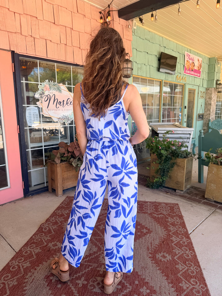 Tribal Button-Front Printed Gauze Jumpsuit With Sash Baja Blue
