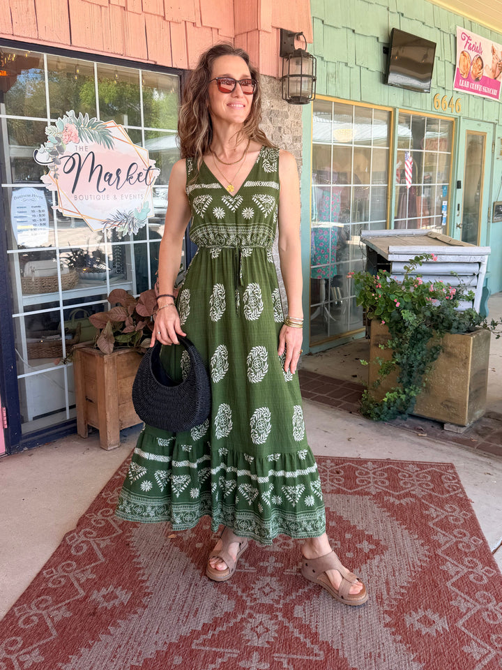 Sleeveless V-Neck Maxi Dress with Drawstring Waist