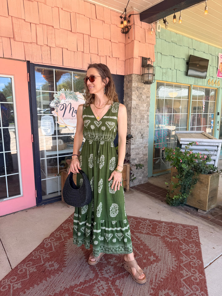 Sleeveless V-Neck Maxi Dress with Drawstring Waist