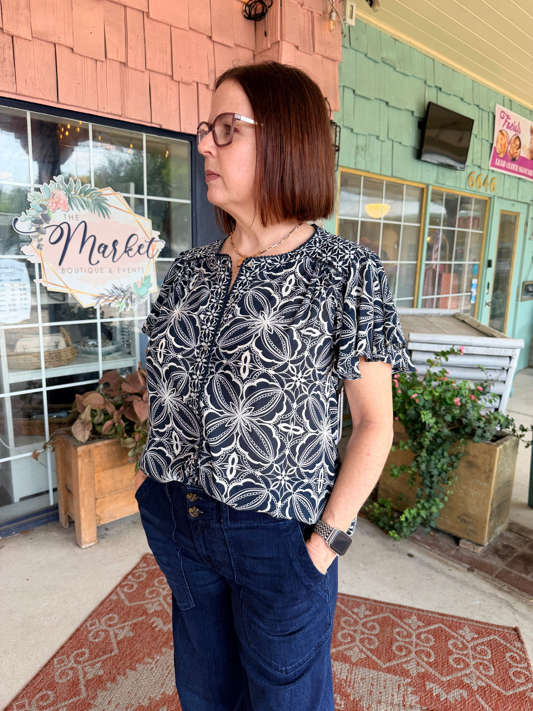 Liverpool Flutter Sleeve Mixed Print Top Blue w/ Cream