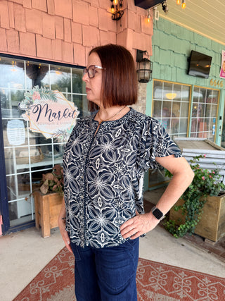 Liverpool Flutter Sleeve Mixed Print Top Blue w/ Cream