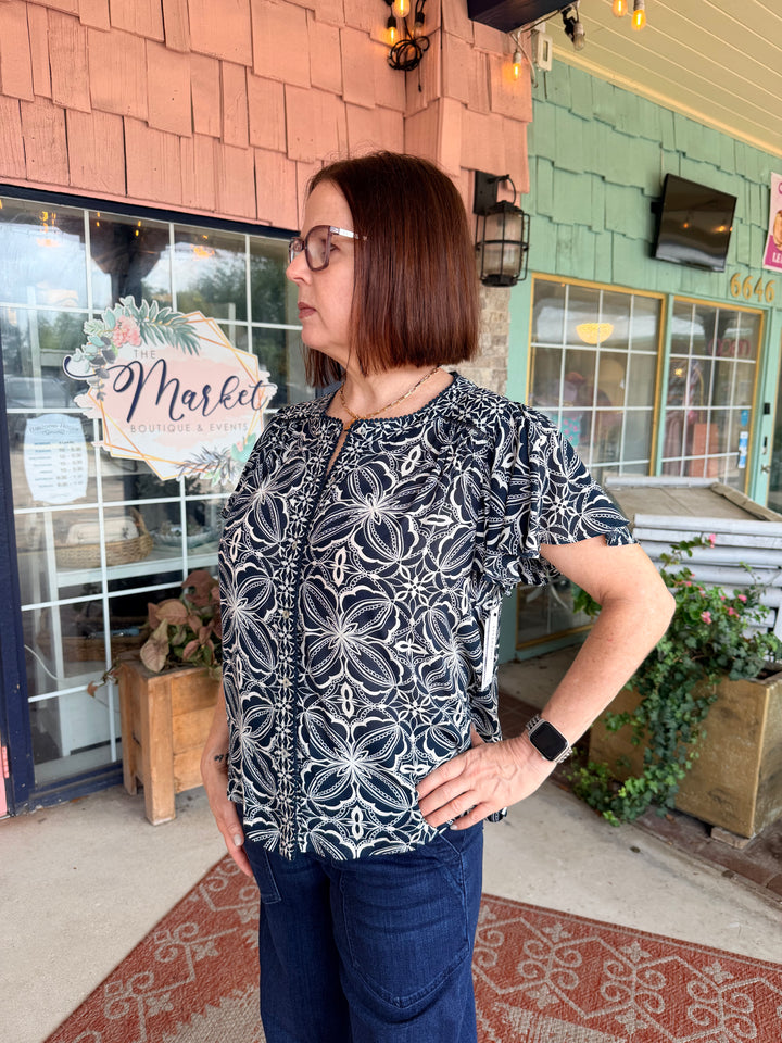 Liverpool Flutter Sleeve Mixed Print Top Blue w/ Cream