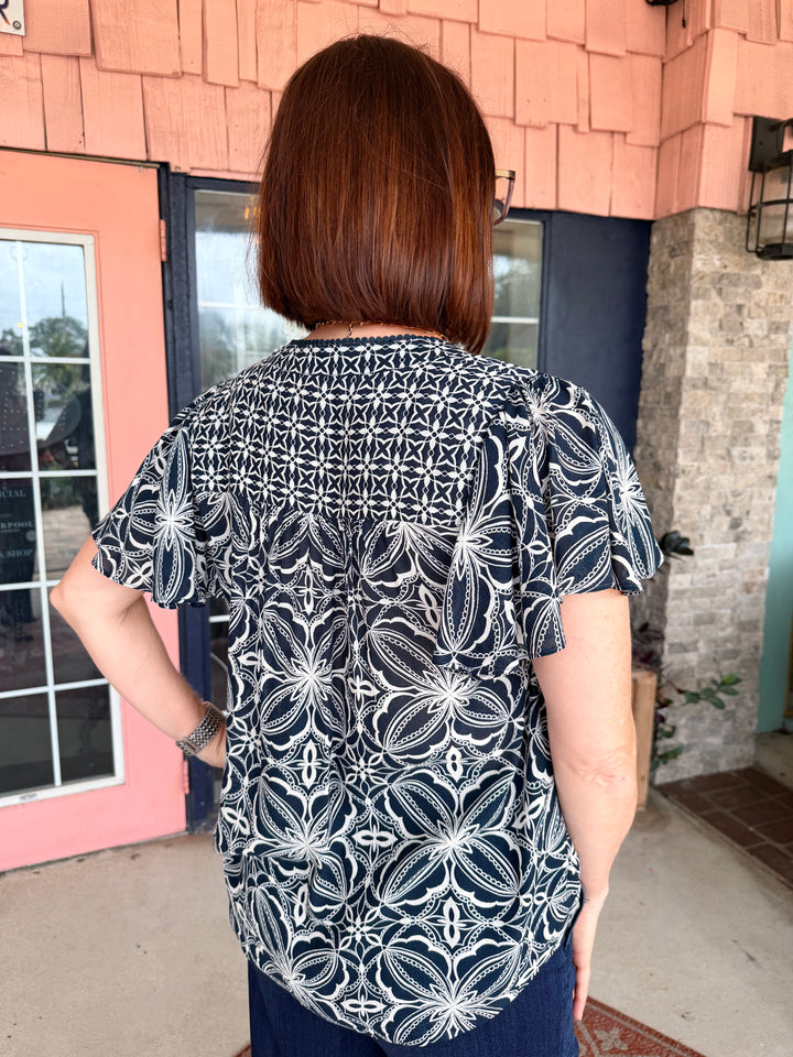 Liverpool Flutter Sleeve Mixed Print Top Blue w/ Cream