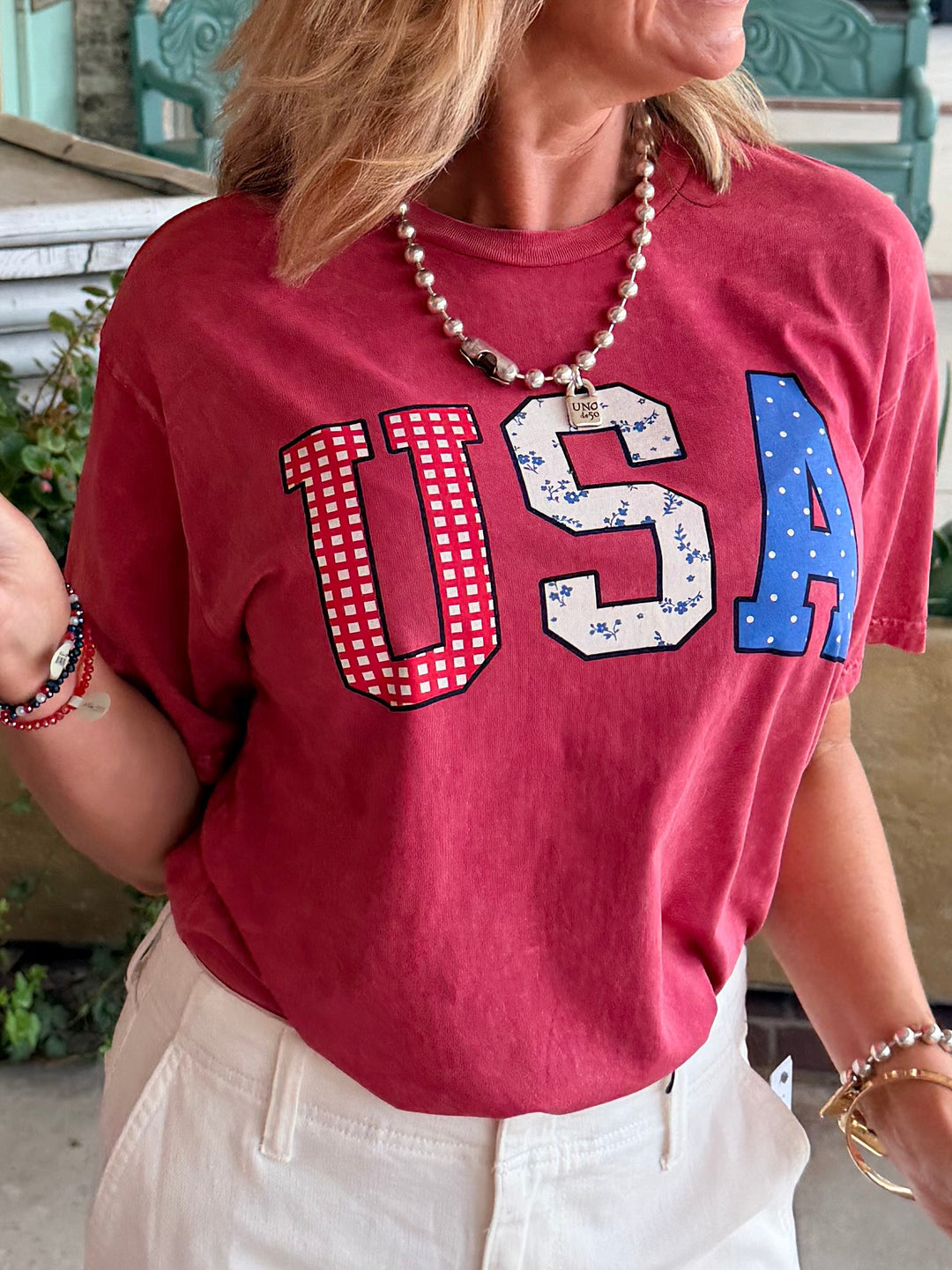 USA with Pattern Mineral Graphic Top Cardinal Red