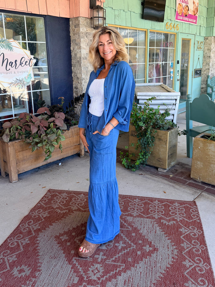 XCVI Zain Indigo Twill Tiered Wide Leg Etiolate Wash