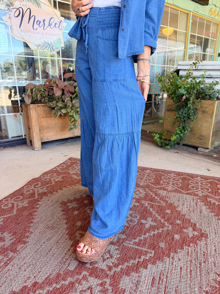 XCVI Zain Indigo Twill Tiered Wide Leg Etiolate Wash
