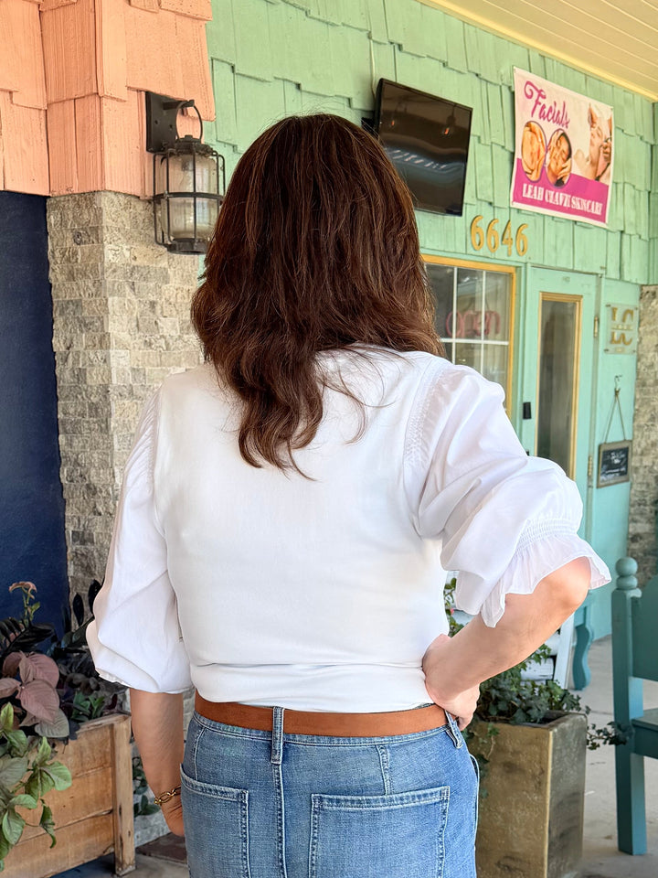 Liverpool 3/4 Sleeve Knit to Woven Top with Smocking White