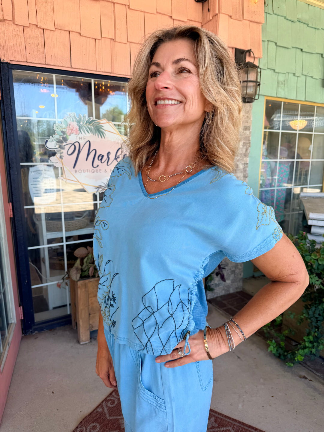 XCVI Embroidered Dashell Twill Top Aztec Sky Pigment