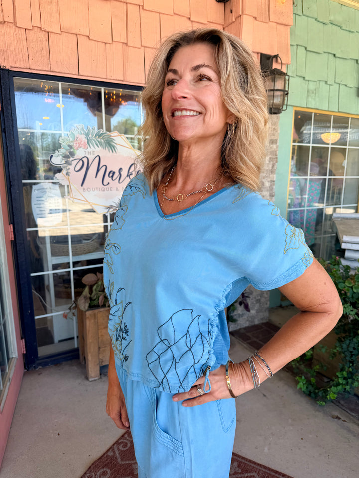 XCVI Embroidered Dashell Twill Top Aztec Sky Pigment