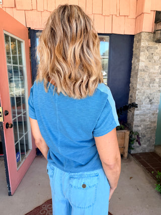 XCVI Embroidered Dashell Twill Top Aztec Sky Pigment