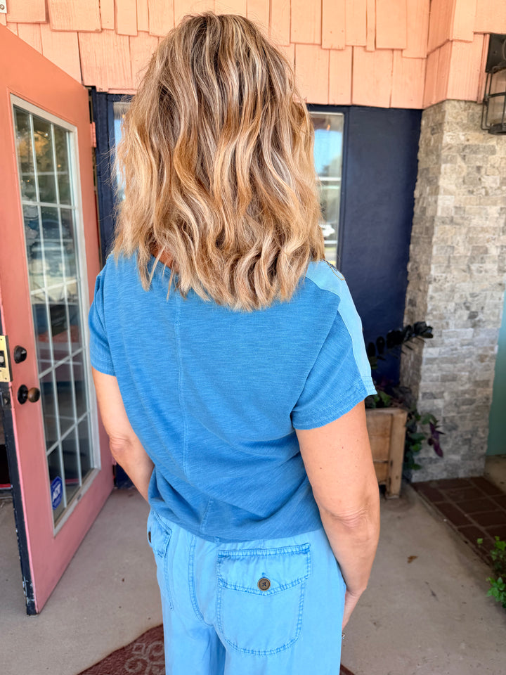 XCVI Embroidered Dashell Twill Top Aztec Sky Pigment