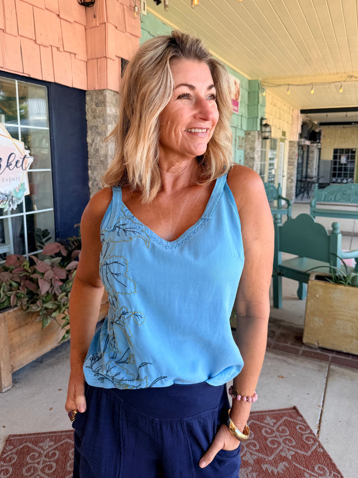 XCVI Embroidered Faizon Twill Tank Aztec Sky Pigment
