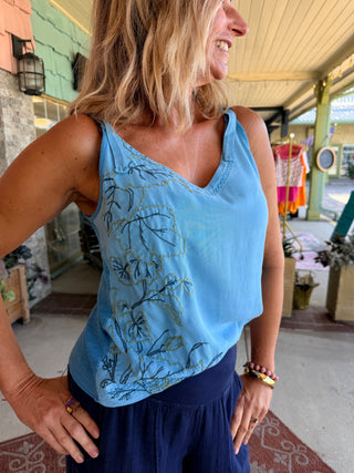 XCVI Embroidered Faizon Twill Tank Aztec Sky Pigment