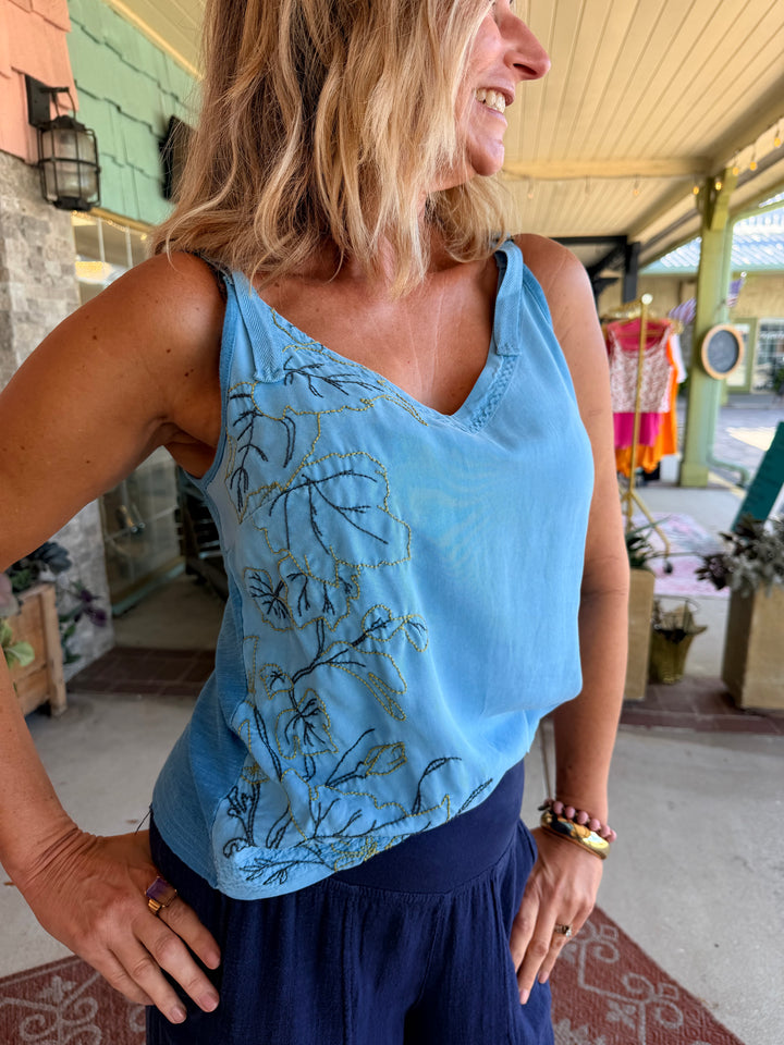 XCVI Embroidered Faizon Twill Tank Aztec Sky Pigment