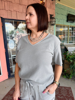 XCVI Wearables Lorn Crepe Knit V-Neck Tee Soft Pebble Pigment
