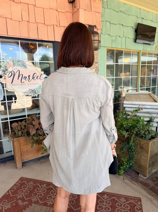 XCVI Wearables Porter Gauze Curved Hem Button-Up Top Soft Pebble Pigment