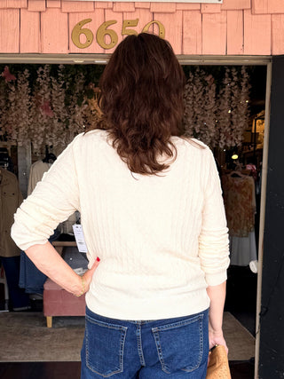 Liverpool Long Sleeve Button Front Cardigan Sweater w/ Ruffles Cream