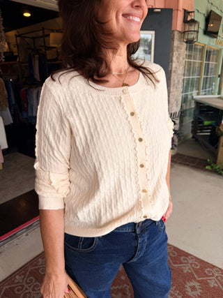 Liverpool Long Sleeve Button Front Cardigan Sweater w/ Ruffles Cream