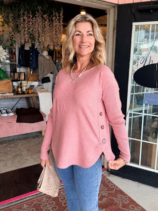 Charlie B Long Sleeve Drop Shoulder Boat Neck Sweater w/Side Buttons Carnation