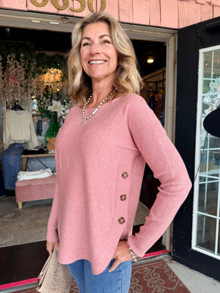 Charlie B Long Sleeve Drop Shoulder Boat Neck Sweater w/Side Buttons Carnation