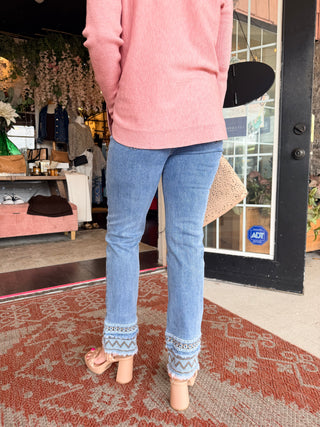 Charlie B Slim Leg Embroidered Hem Jeans