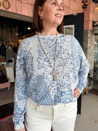 Charlie B Printed Cotton Crew Neck Sweater Damask
