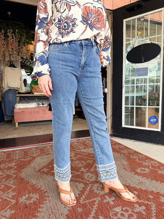 Charlie B Slim Leg Embroidered Hem Jeans