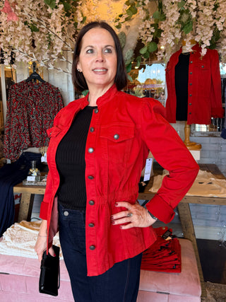 Liverpool Puff Sleeve Trucker Jacket with Ruffle Collar Sundance Red