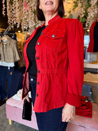 Liverpool Puff Sleeve Trucker Jacket with Ruffle Collar Sundance Red