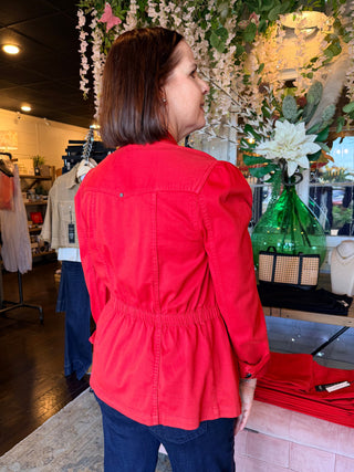 Liverpool Puff Sleeve Trucker Jacket with Ruffle Collar Sundance Red